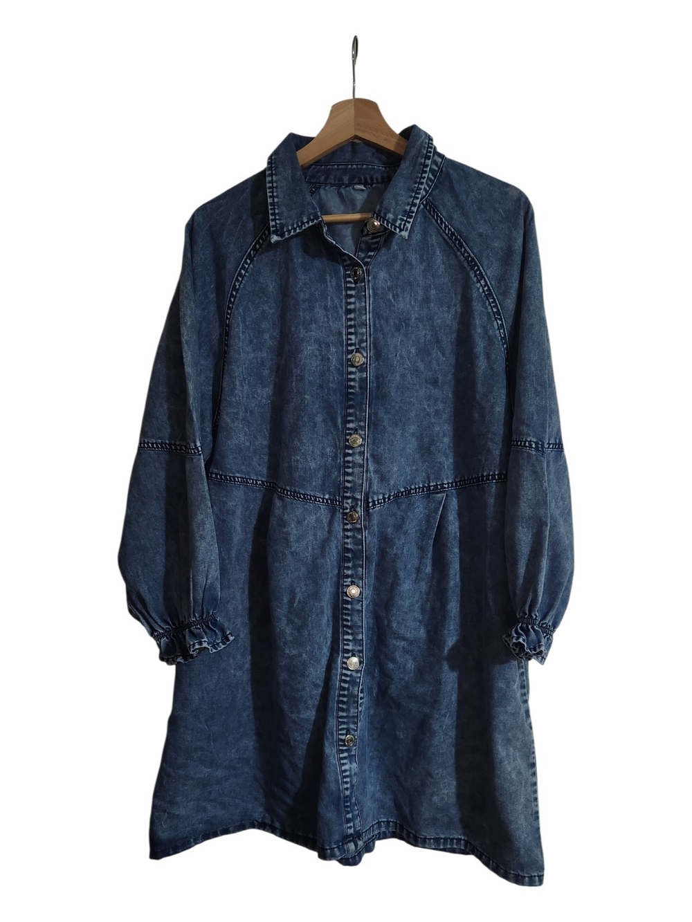 Acid Wash Denim Shirt Dress Long Sleeve Ruffle Cuff Button Front Blue 2XL